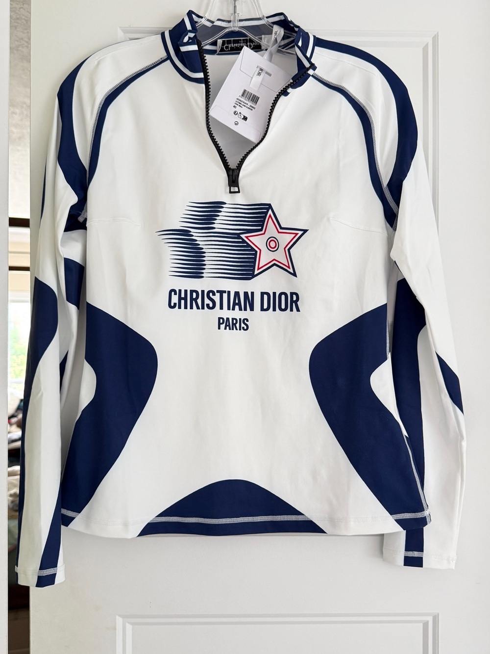Dior White and Navy Athletic Half-Zip Pullover with Star Graphic - Picture 1 of 4